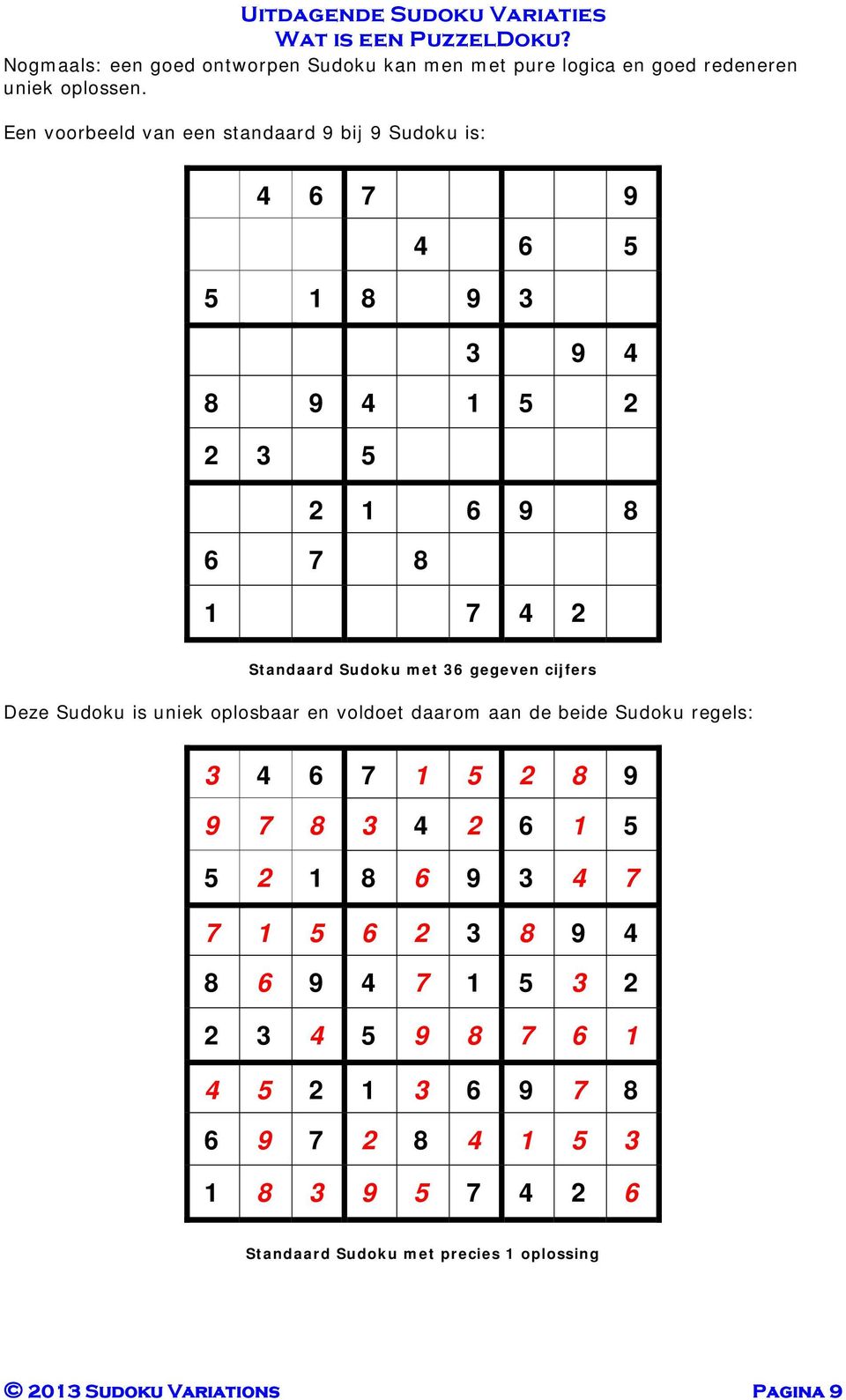 met 36 gegeven cijfers Deze Sudoku is uniek oplosbaar en voldoet daarom aan de beide Sudoku regels: 3 4 6 7 1 5 2 8 9 9 7 8 3 4 2 6 1 5 5 2 1