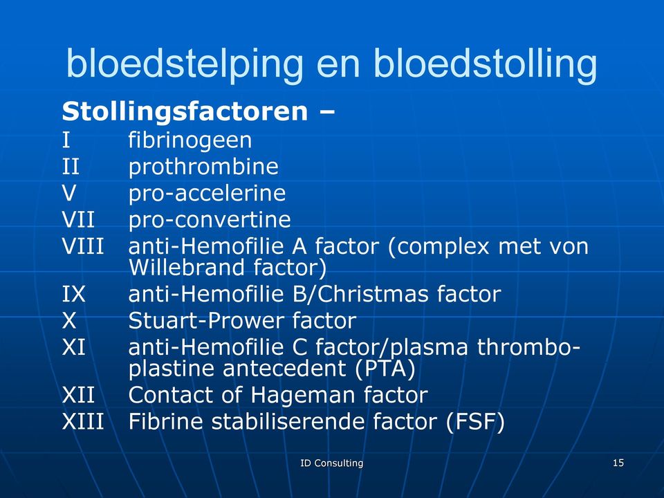 anti-hemofilie B/Christmas factor X Stuart-Prower factor XI anti-hemofilie C factor/plasma