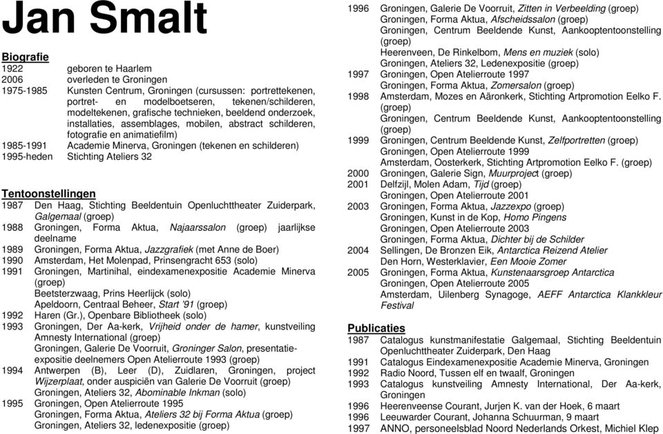 Stichting Ateliers 32 Tentoonstellingen 1987 Den Haag, Stichting Beeldentuin Openluchttheater Zuiderpark, Galgemaal (groep) Groningen, Forma Aktua, Najaarssalon (groep) jaarlijkse deelname 1989