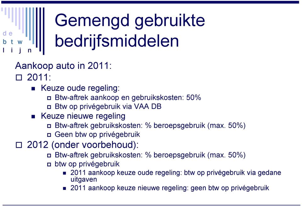 50%) Geen btw op privégebruik 2012 (onder voorbehoud): Btw-aftrek gebruikskosten: % beroepsgebruik (max.