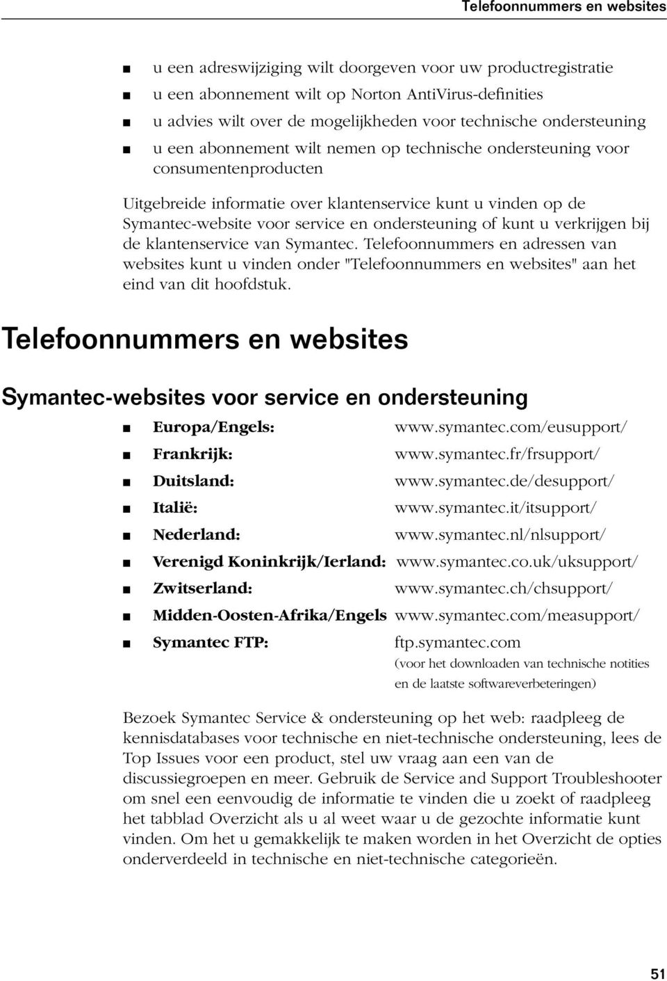 ondersteuning of kunt u verkrijgen bij de klantenservice van Symantec. Telefoonnummers en adressen van websites kunt u vinden onder "Telefoonnummers en websites" aan het eind van dit hoofdstuk.