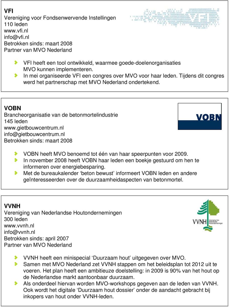 VOBN Brancheorganisatie van de betonmortelindustrie 145 leden www.gietbouwcentrum.nl info@gietbouwcentrum.nl Betrokken sinds: maart 2008 VOBN heeft MVO benoemd tot één van haar speerpunten voor 2009.