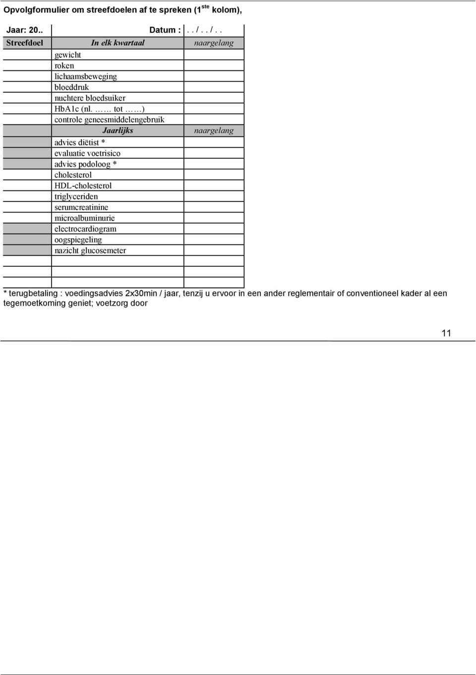 tot ) controle geneesmiddelengebruik Jaarlijks naargelang advies diëtist * evaluatie voetrisico advies podoloog * cholesterol HDL-cholesterol