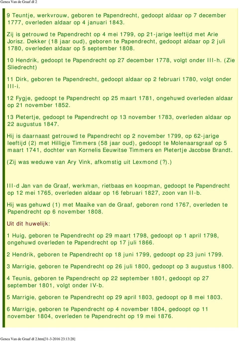 10 Hendrik, gedoopt te Papendrecht op 27 december 1778, volgt onder III-h. (Zie Sliedrecht) 11 Dirk, geboren te Papendrecht, gedoopt aldaar op 2 februari 1780, volgt onder III-i.