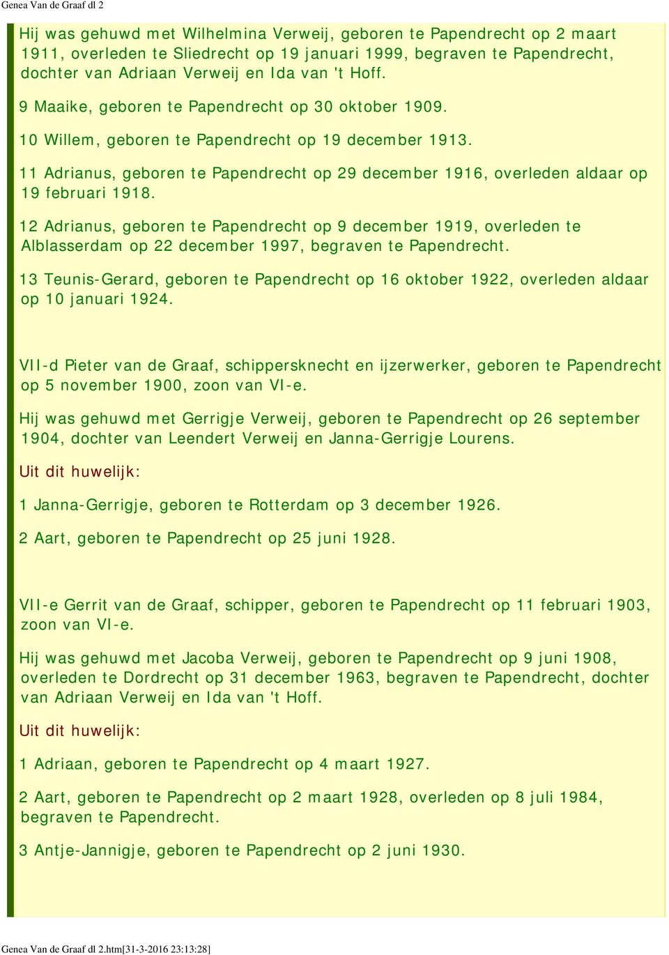 11 Adrianus, geboren te Papendrecht op 29 december 1916, overleden aldaar op 19 februari 1918.