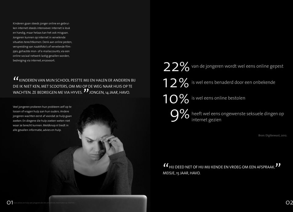 Denk aan online pesten, verspreiding van naaktfoto s of vervelende filmpjes, gehackte msn- of e-mailaccounts, via een online sociaal netwerk lastig gevallen worden, bedreiging via internet, enzovoort.