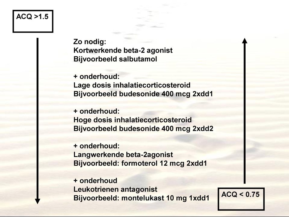 inhalatiecorticosteroid Bijvoorbeeld budesonide 400 mcg 2xdd1 + onderhoud: Hoge dosis