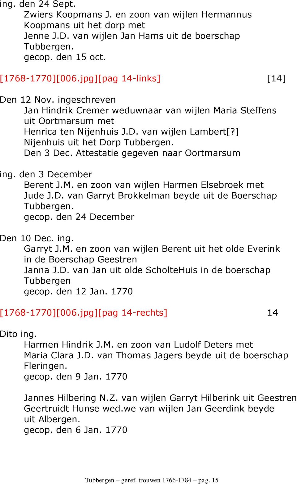 ] Nijenhuis uit het Dorp Tubbergen. Den 3 Dec. Attestatie gegeven naar Oortmarsum ing. den 3 December Berent J.M. en zoon van wijlen Harmen Elsebroek met Jude J.D. van Garryt Brokkelman beyde uit de Boerschap Tubbergen.