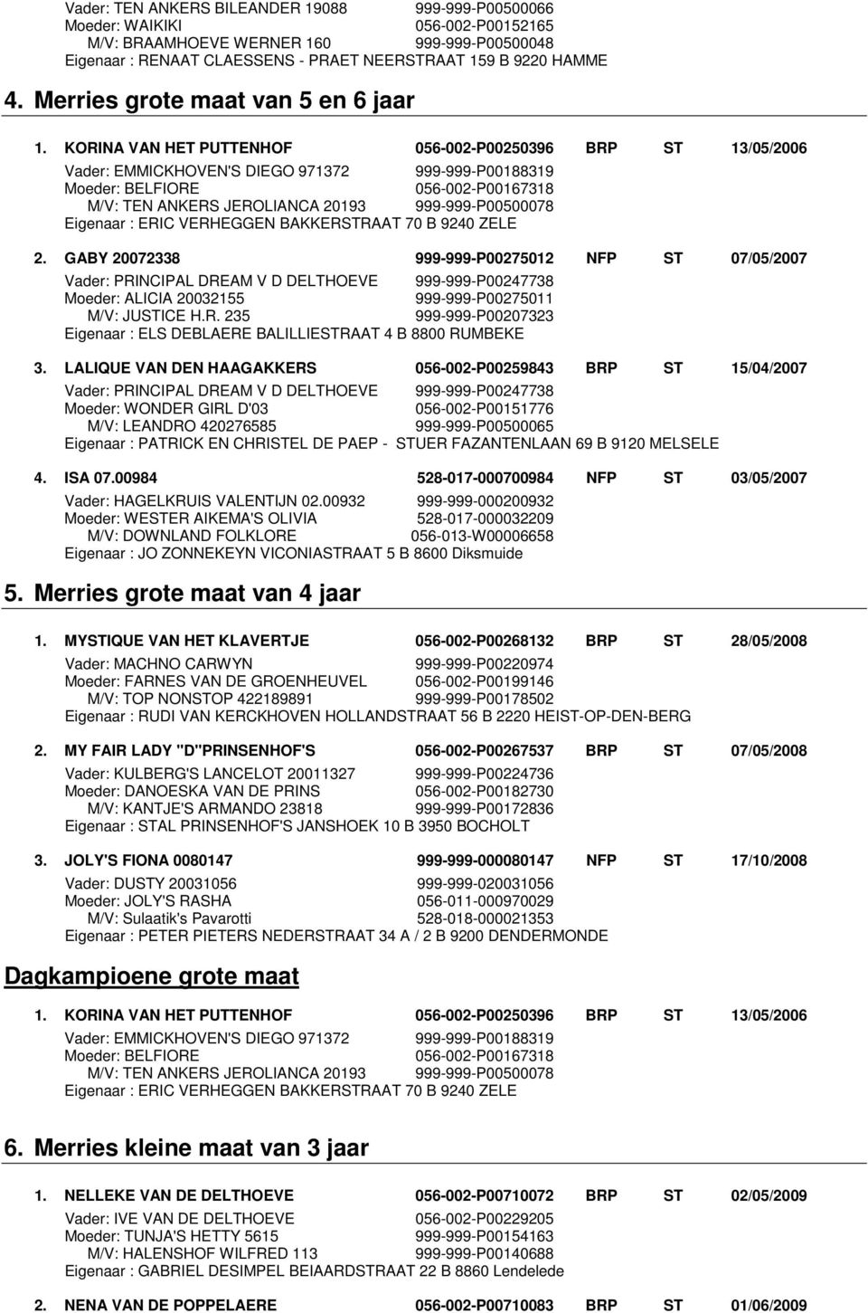 ZELE 2. GABY 20072338 999-999-P00275012 NFP ST 07/05/2007 Moeder: ALICIA 20032155 999-999-P00275011 M/V: JUSTICE H.R. 235 999-999-P00207323 Eigenaar : ELS DEBLAERE BALILLIESTRAAT 4 B 8800 RUMBEKE 3.