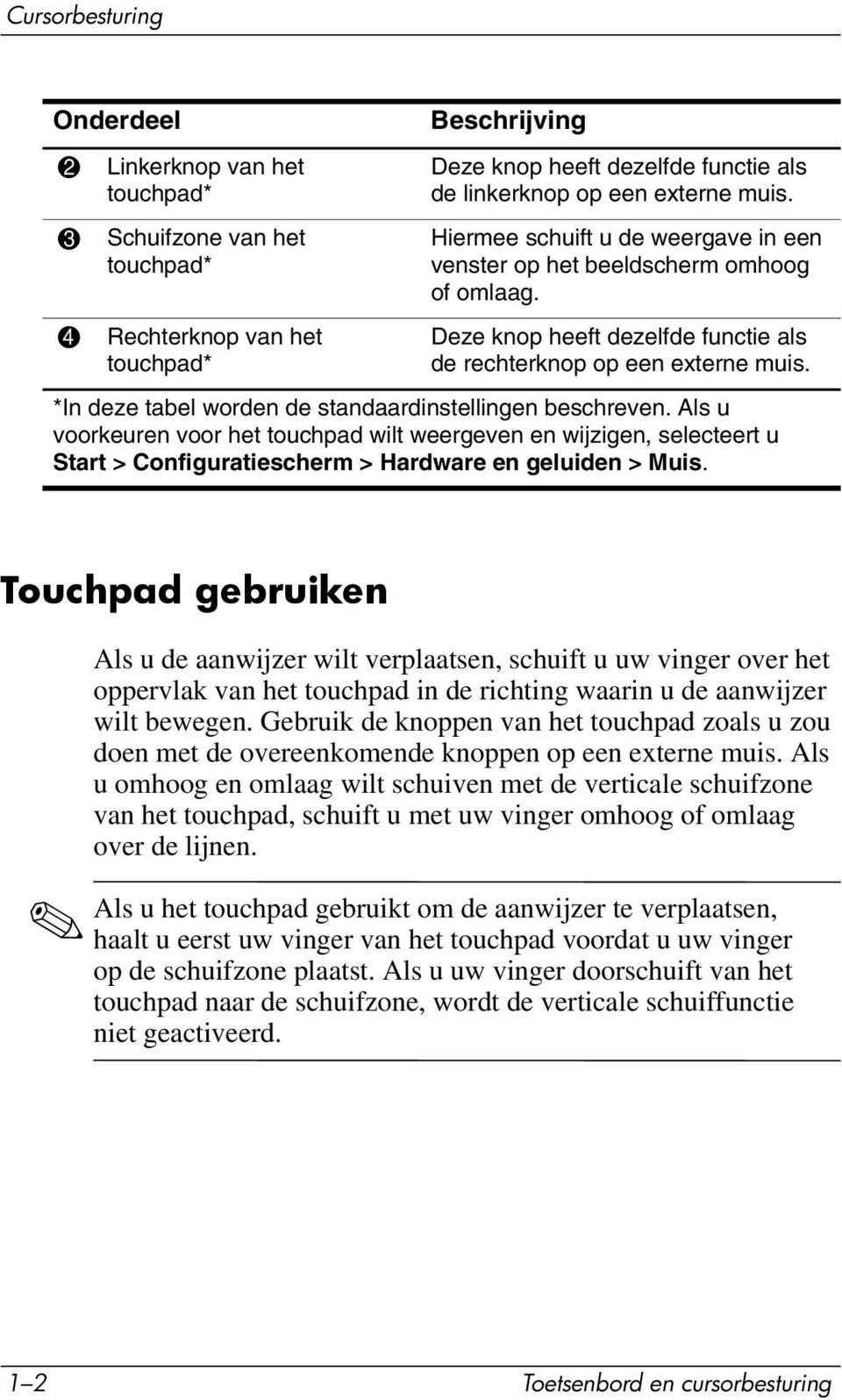 *In deze tabel worden de standaardinstellingen beschreven. Als u voorkeuren voor het touchpad wilt weergeven en wijzigen, selecteert u Start > Configuratiescherm > Hardware en geluiden > Muis.