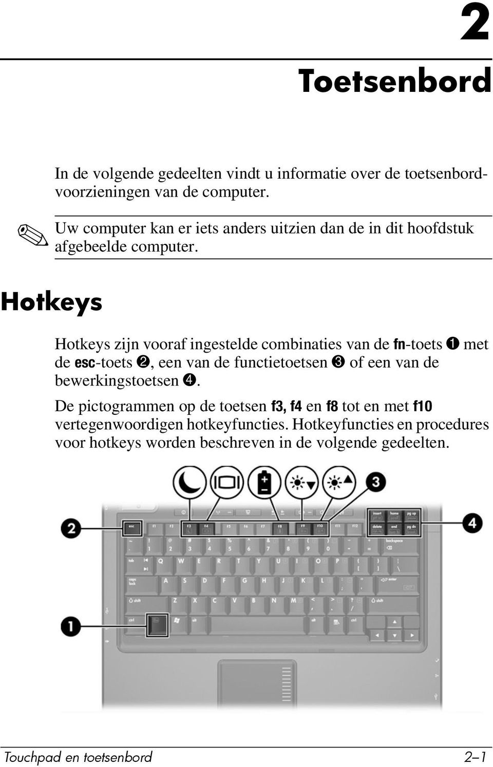 Hotkeys Hotkeys zijn vooraf ingestelde combinaties van de fn-toets 1 met de esc-toets 2, een van de functietoetsen 3 of een van de