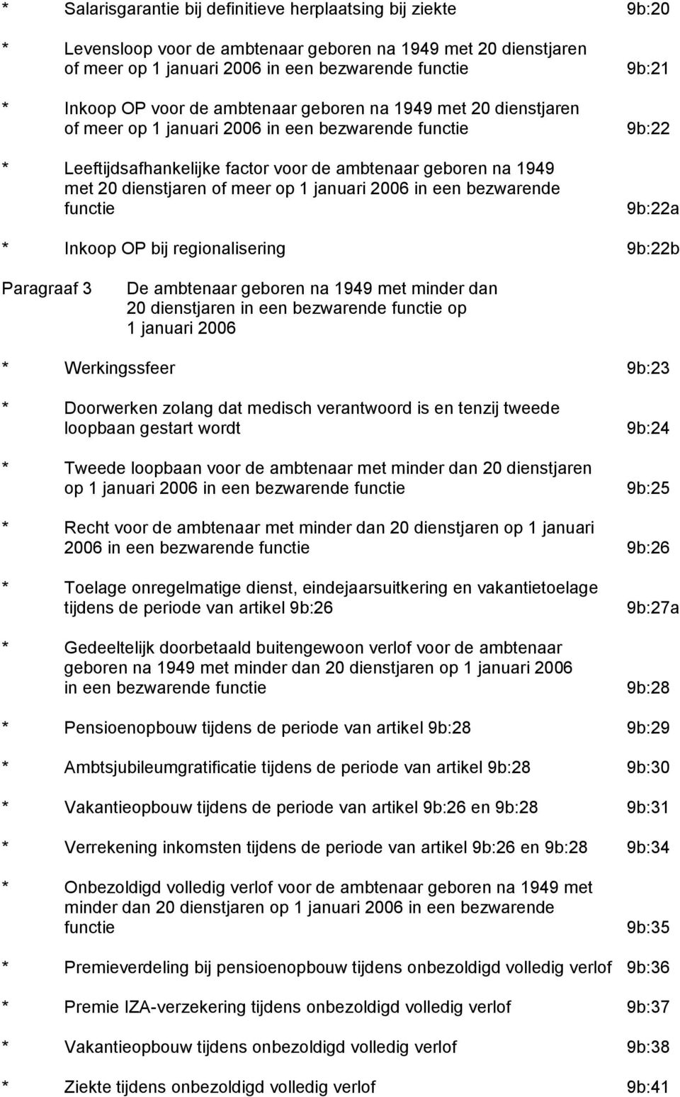 meer op 1 januari 2006 in een bezwarende functie 9b:22a * Inkoop OP bij regionalisering 9b:22b Paragraaf 3 De ambtenaar geboren na 1949 met minder dan 20 dienstjaren in een bezwarende functie op 1