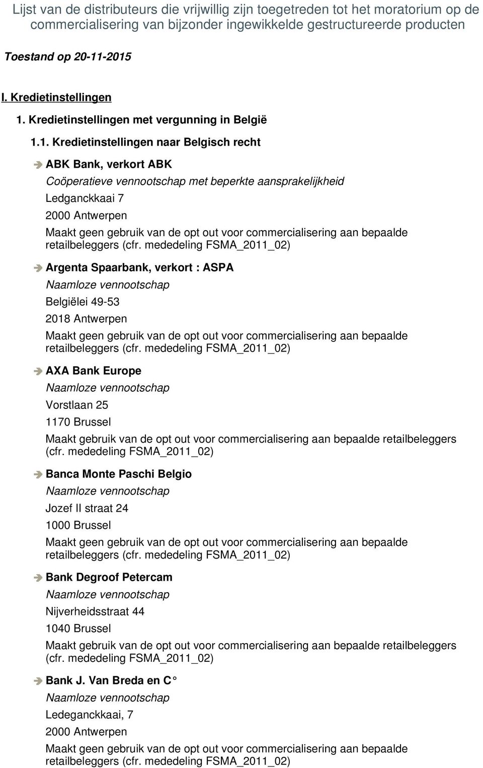 -2015 I. Kredietinstellingen 1. Kredietinstellingen met vergunning in België 1.1. Kredietinstellingen naar Belgisch recht ABK Bank, verkort ABK Coöperatieve