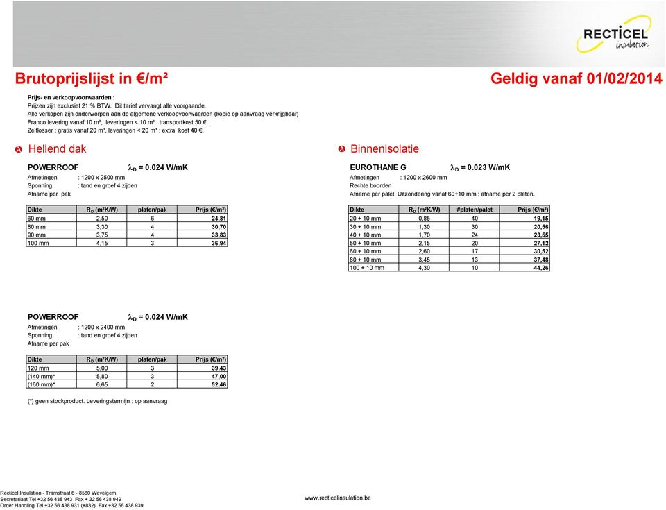 Dikte R D (m²k/w) platen/pak Prijs ( /m²) Dikte R D (m²k/w) #platen/palet Prijs ( /m²) 60 mm 2,50 6 24,81 20 + 10 mm 0,85 40 19,15 80 mm 3,30 4 30,70 30 + 10 mm 1,30 30 20,56 90 mm 3,75 4 33,83 40 +