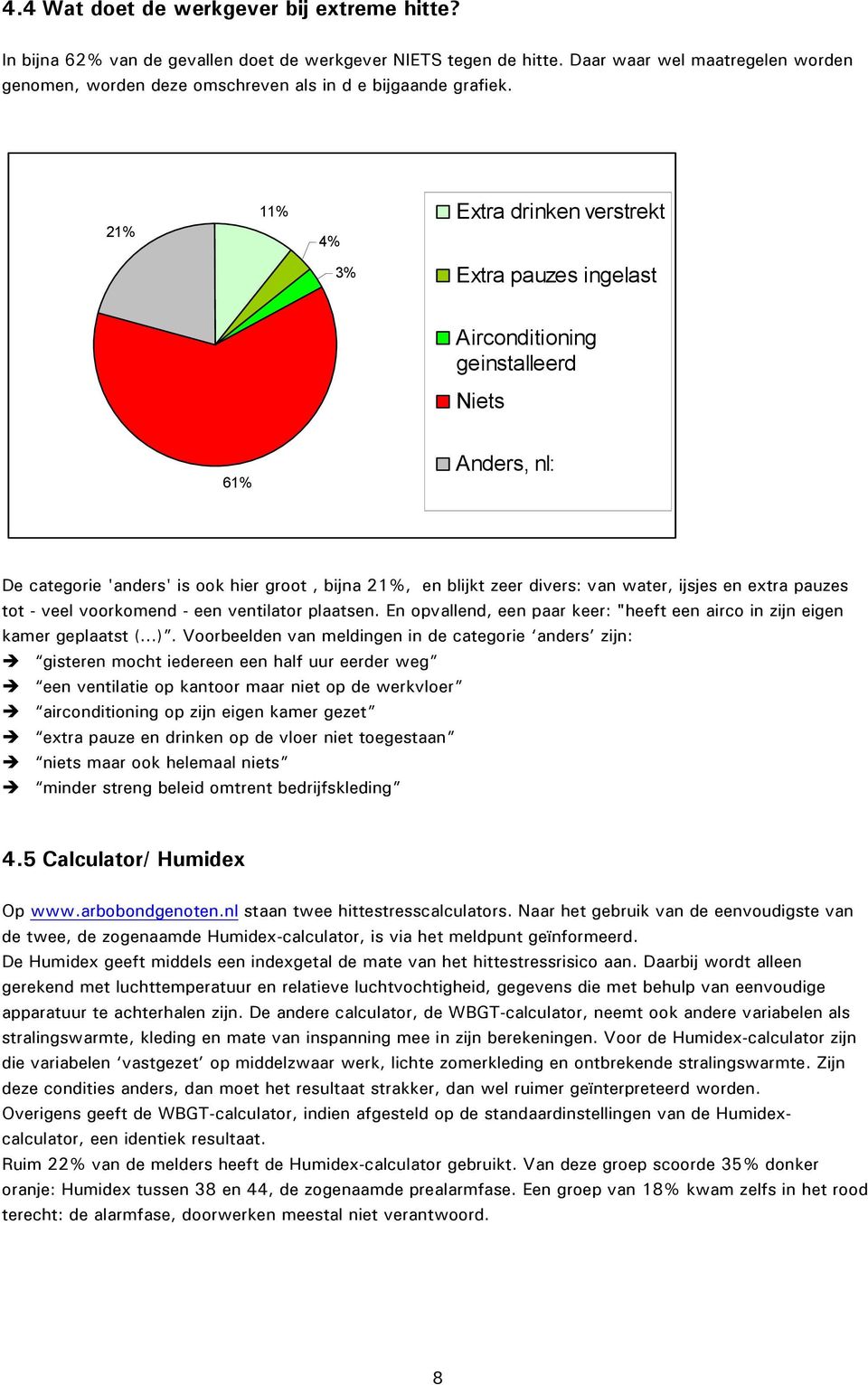 21% 11% 4% Extra drinken verstrekt 3% Extra pauzes ingelast Airconditioning geinstalleerd Niets 61% Anders, nl: De categorie 'anders' is ook hier groot, bijna 21%, en blijkt zeer divers: van water,