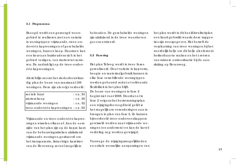 Als richtlijn neemt het stedenbouwkundig plan de bouw van maximaal 188 woningen. Deze zijn als volgt verdeeld: sociale huur : ca. 24 starters koop : ca. 30 vrijstaande woningen : ca.