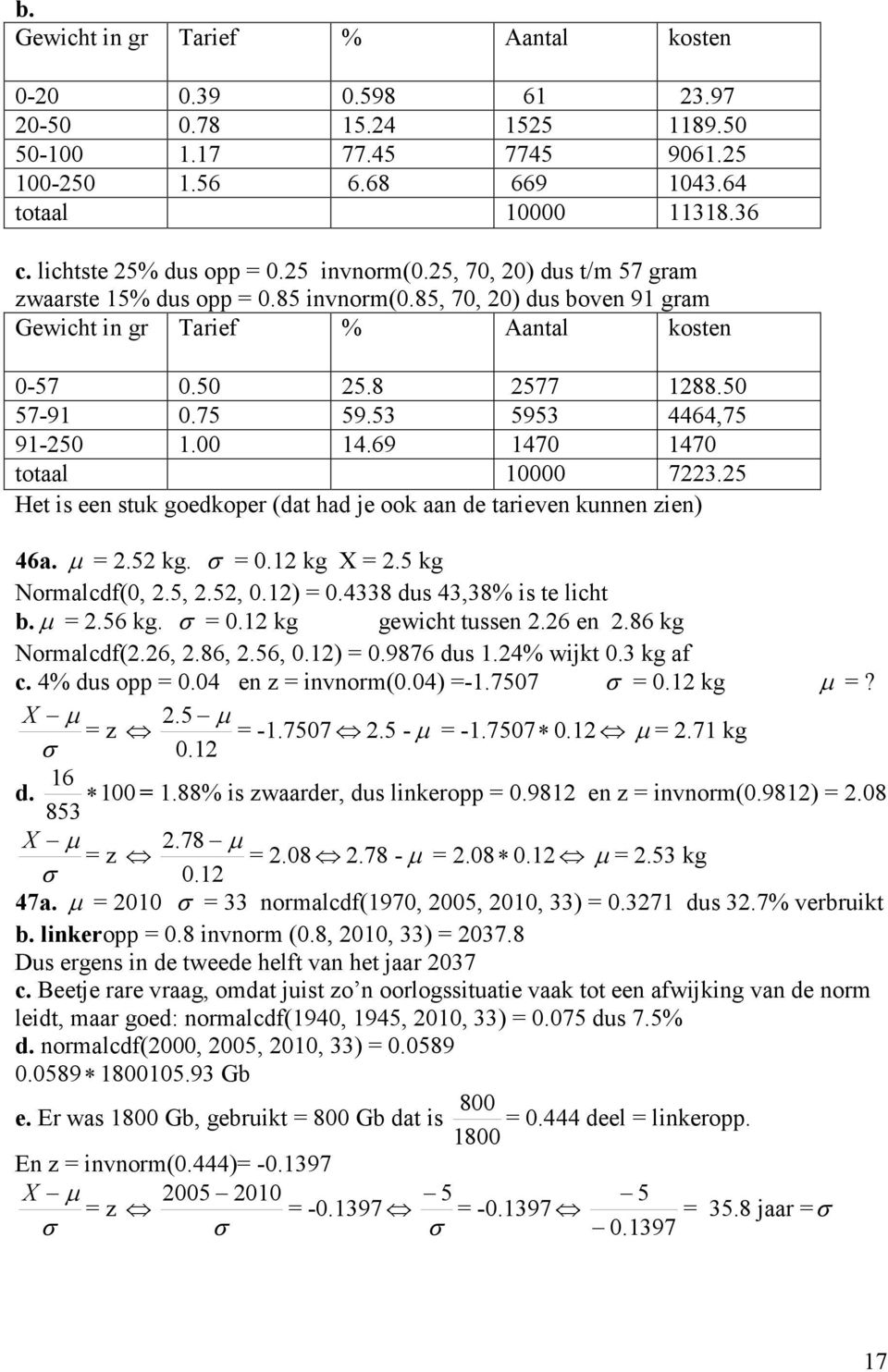 50 57-91 0.75 59.53 5953 4464,75 91-250 1.00 14.69 1470 1470 totaal 10000 7223.25 Het is een stuk goedkoper (dat had je ook aan de tarieven kunnen zien) 46a. µ = 2.52 kg. σ = 0.12 kg X = 2.