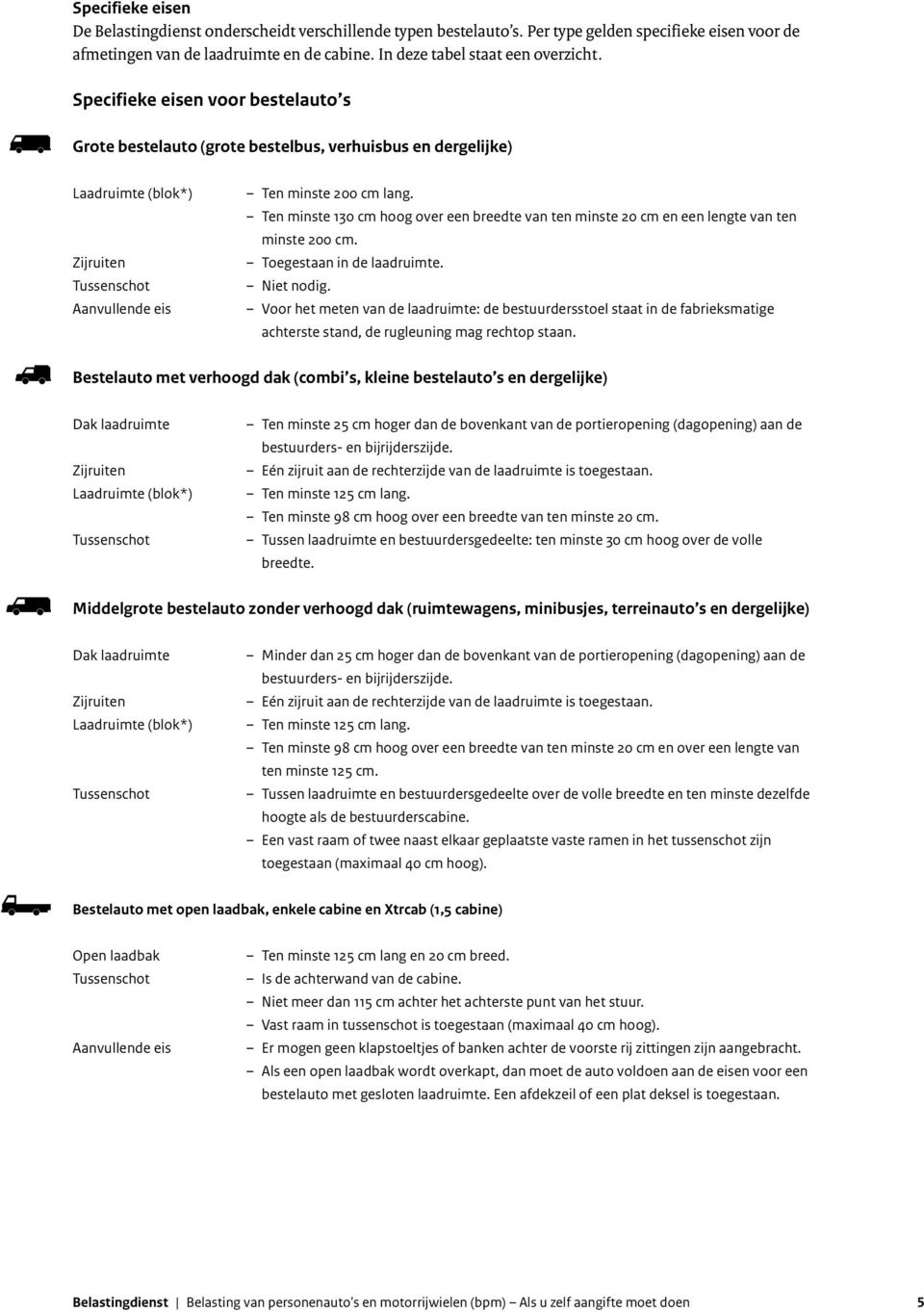 Specifieke eisen voor bestelauto s Grote bestelauto (grote bestelbus, verhuisbus en dergelijke) Laadruimte (blok*) Zijruiten Tussenschot Aanvullende eis Ten minste 200 cm lang.