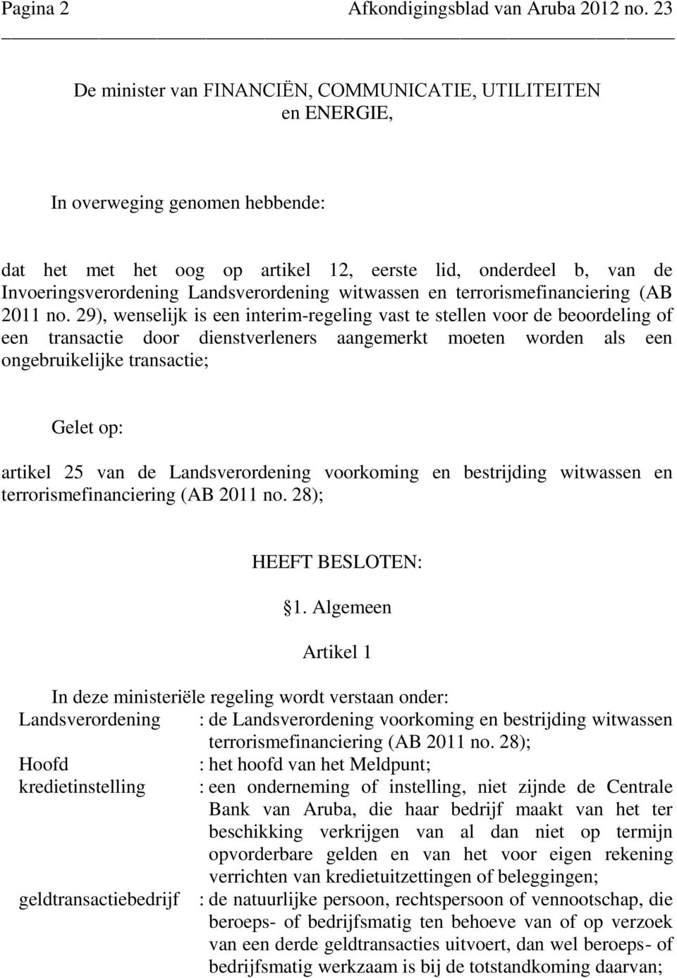 Landsverordening witwassen en terrorismefinanciering (AB 2011 no.