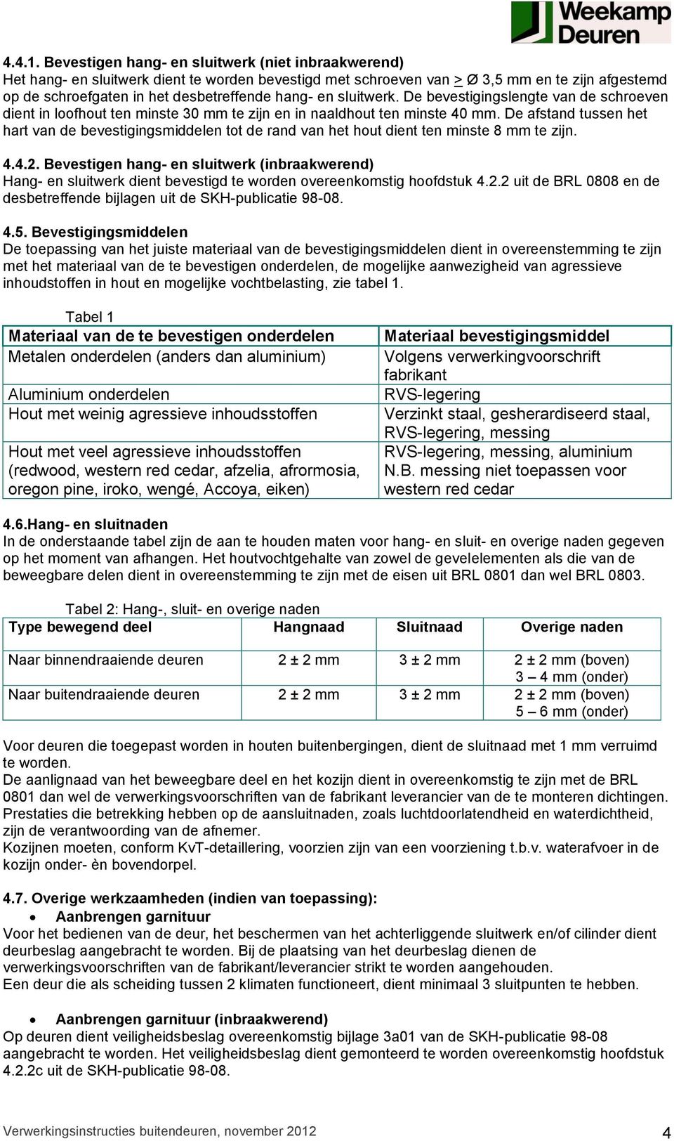 sluitwerk. De bevestigingslengte van de schroeven dient in loofhout ten minste 30 mm te zijn en in naaldhout ten minste 40 mm.