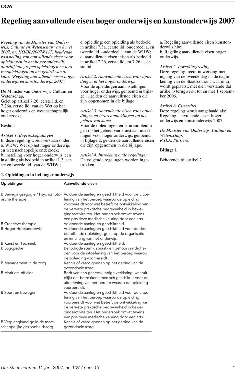 aanvullende eisen hoger onderwijs en kunstonderwijs 2007) De Minister van Onderwijs, Cultuur en Wetenschap, Gelet op artikel 7.26, eerste lid, en 7.