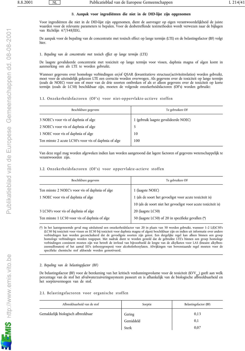 relevante parameters te bepalen. Voor de desbetreffende testmethoden wordt verwezen naar de bĳlagen van Richtlĳn 67/548/EEG.