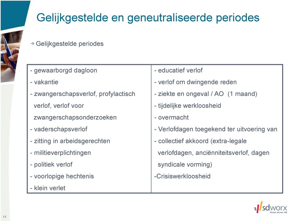 hechtenis - klein verlet - educatief verlof - verlof om dwingende reden - ziekte en ongeval / AO (1 maand) - tijdelijke werkloosheid - overmacht -