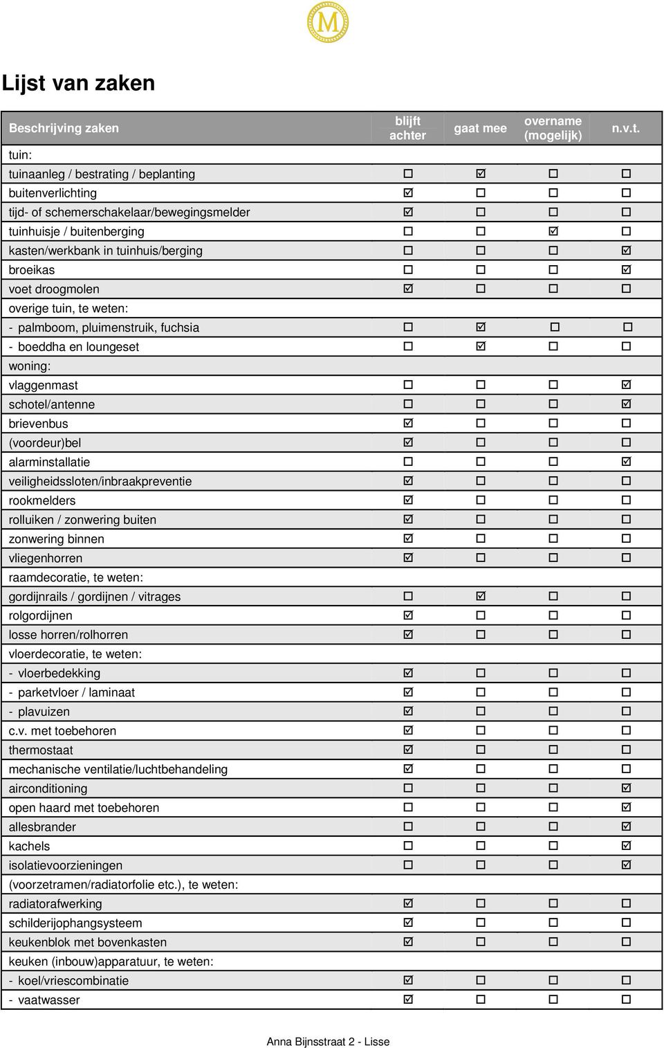 brievenbus (voordeur)bel alarminstallatie veiligheidssloten/inbraakpreventie rookmelders rolluiken / zonwering buiten zonwering binnen vliegenhorren raamdecoratie, te weten: gordijnrails / gordijnen