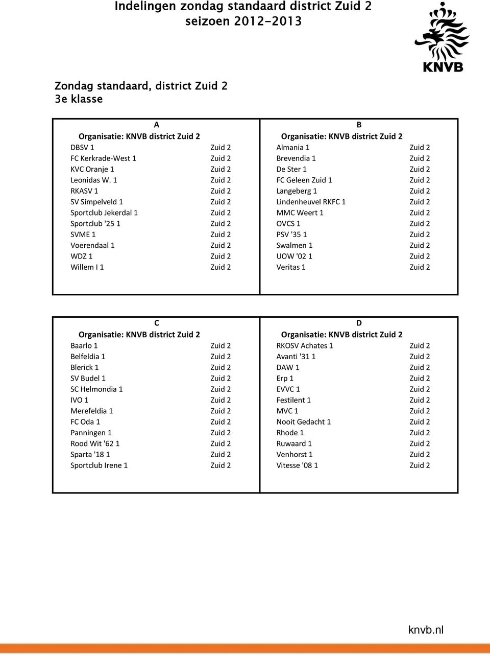 2 SVME 1 Zuid 2 PSV '35 1 Zuid 2 Voerendaal 1 Zuid 2 Swalmen 1 Zuid 2 WDZ 1 Zuid 2 UOW '02 1 Zuid 2 Willem I 1 Zuid 2 Veritas 1 Zuid 2 C D Baarlo 1 Zuid 2 RKOSV Achates 1 Zuid 2 Belfeldia 1 Zuid 2