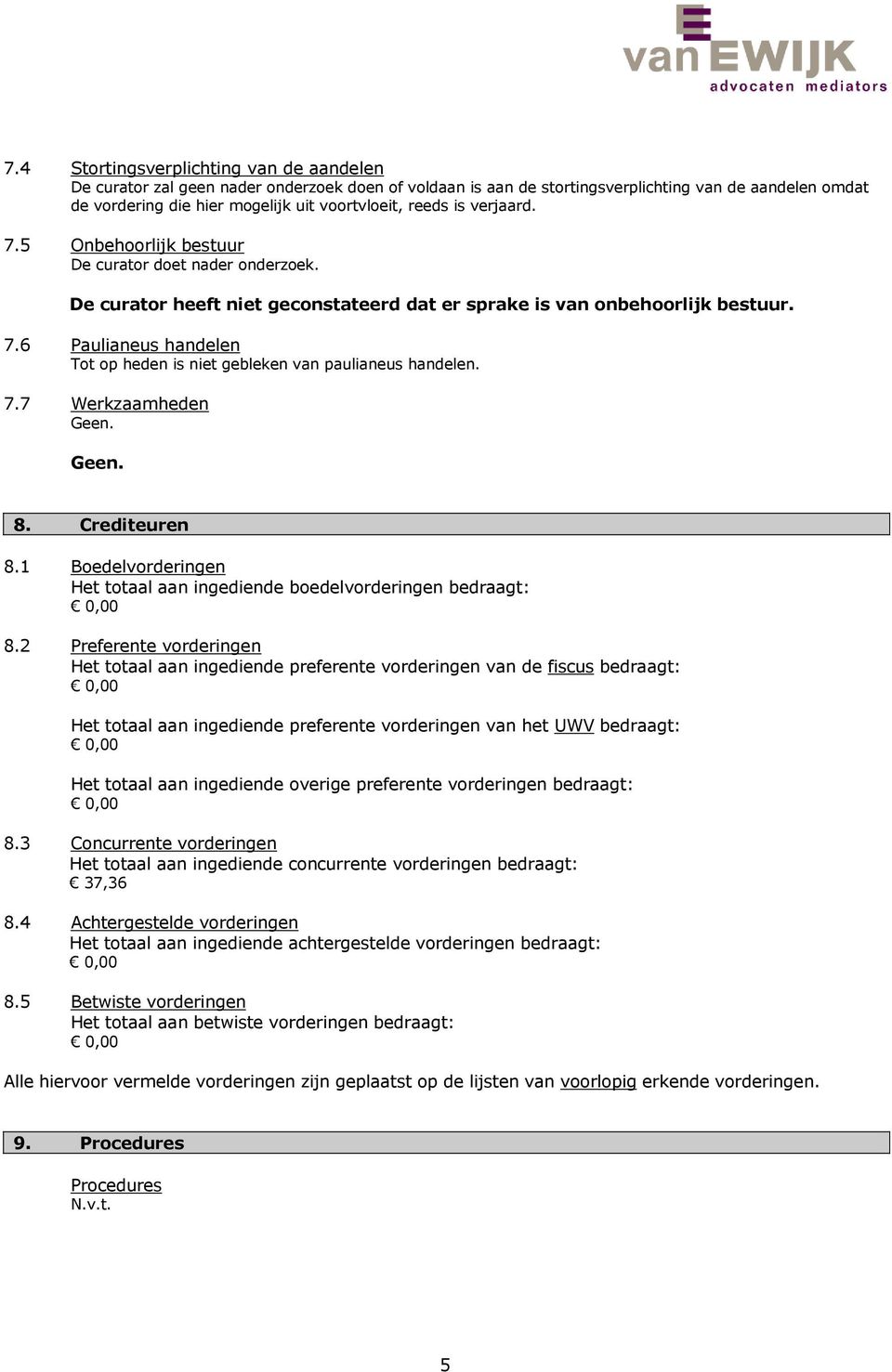 7.7 Werkzaamheden 8. Crediteuren 8.1 Boedelvorderingen Het totaal aan ingediende boedelvorderingen bedraagt: 8.