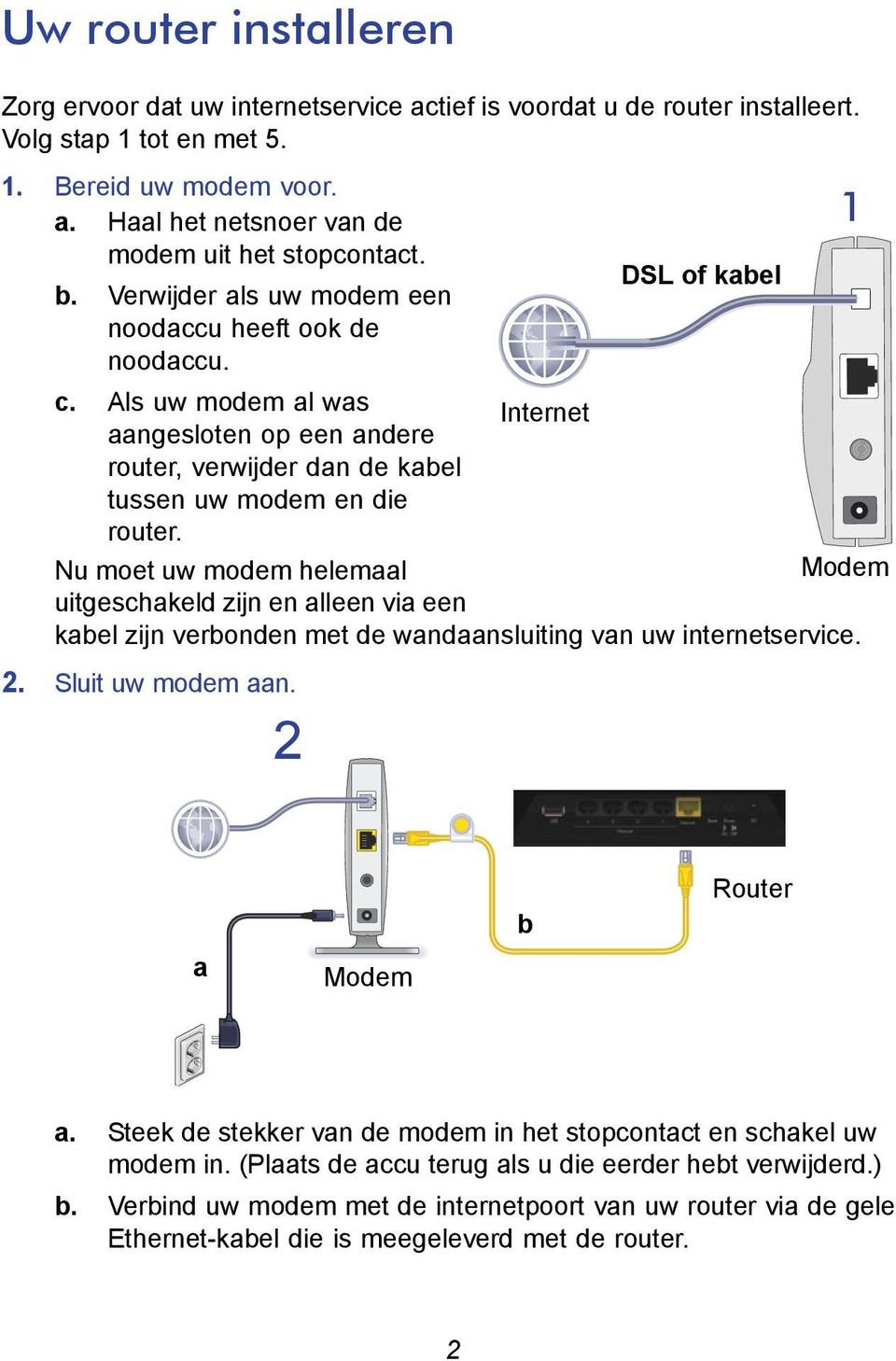 Nu moet uw modem helemaal Modem uitgeschakeld zijn en alleen via een kabel zijn verbonden met de wandaansluiting van uw internetservice. 2. Sluit uw modem aan. 2 a Modem b Router a.