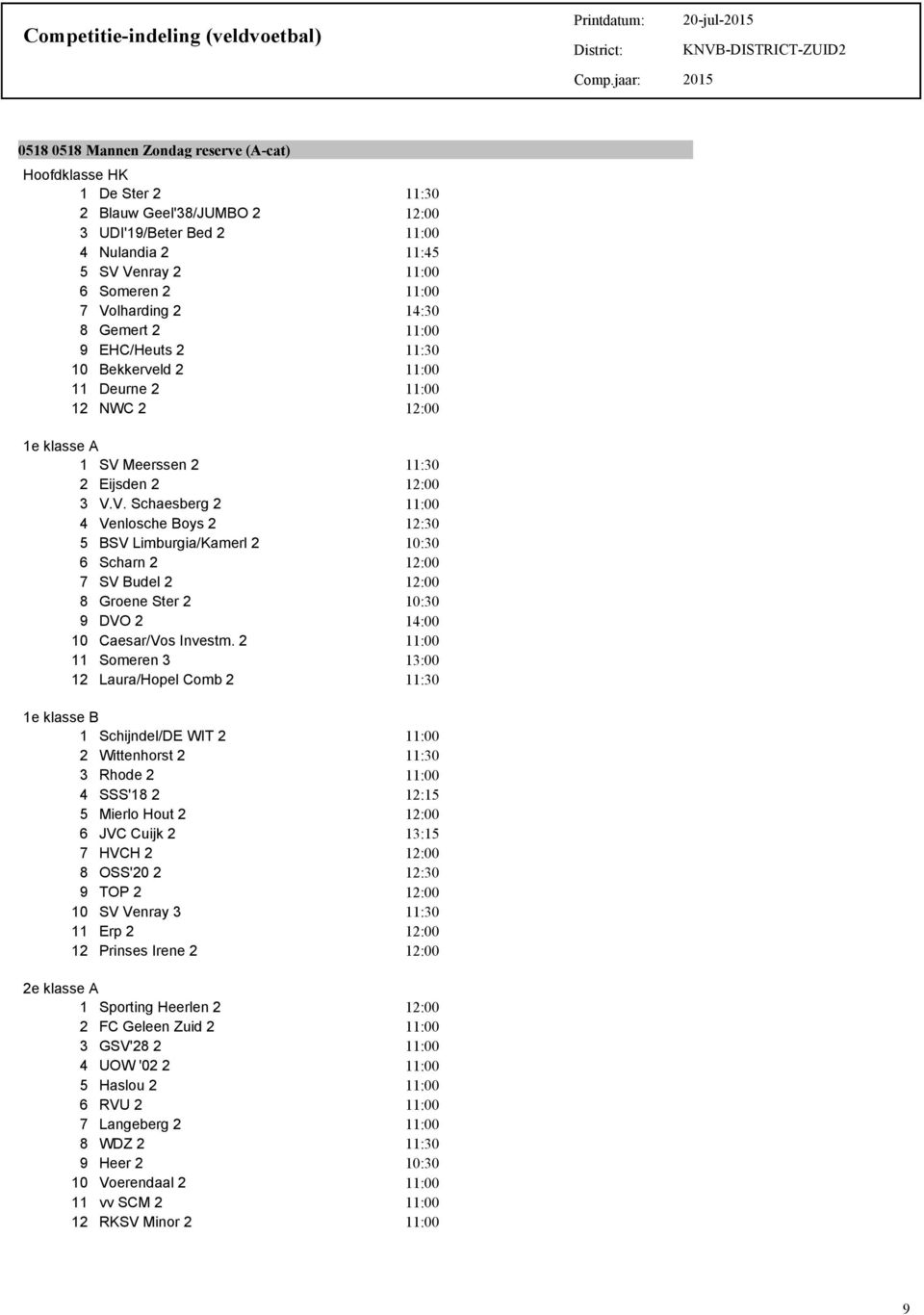 2 11 Someren 3 12 Laura/Hopel Comb 2 1e klasse B 1 Schijndel/DE WIT 2 2 Wittenhorst 2 3 Rhode 2 4 SSS'18 2 5 Mierlo Hout 2 6 JVC Cuijk 2 7 HVCH 2 8 OSS'20 2 9 TOP 2 10 SV Venray 3 11 Erp 2 12 Prinses