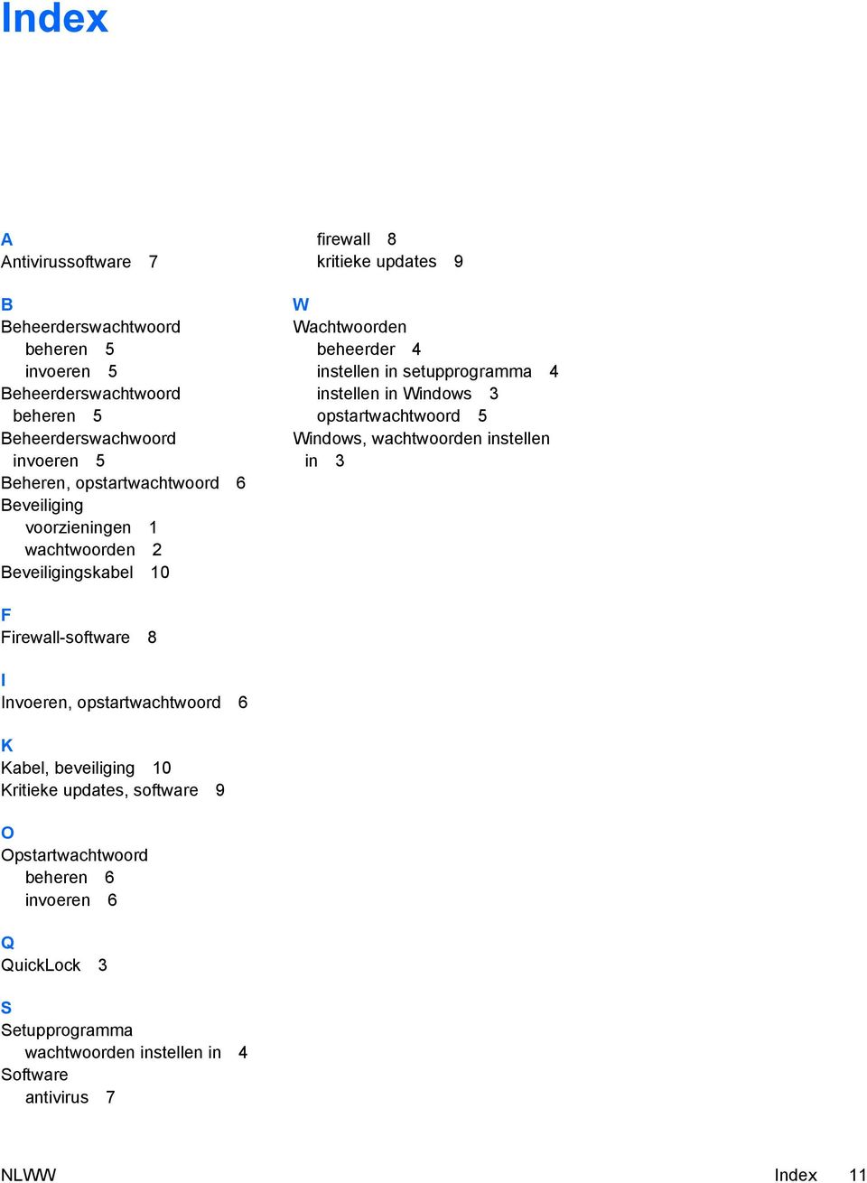 setupprogramma 4 instellen in Windows 3 opstartwachtwoord 5 Windows, wachtwoorden instellen in 3 F Firewall-software 8 I Invoeren, opstartwachtwoord 6 K