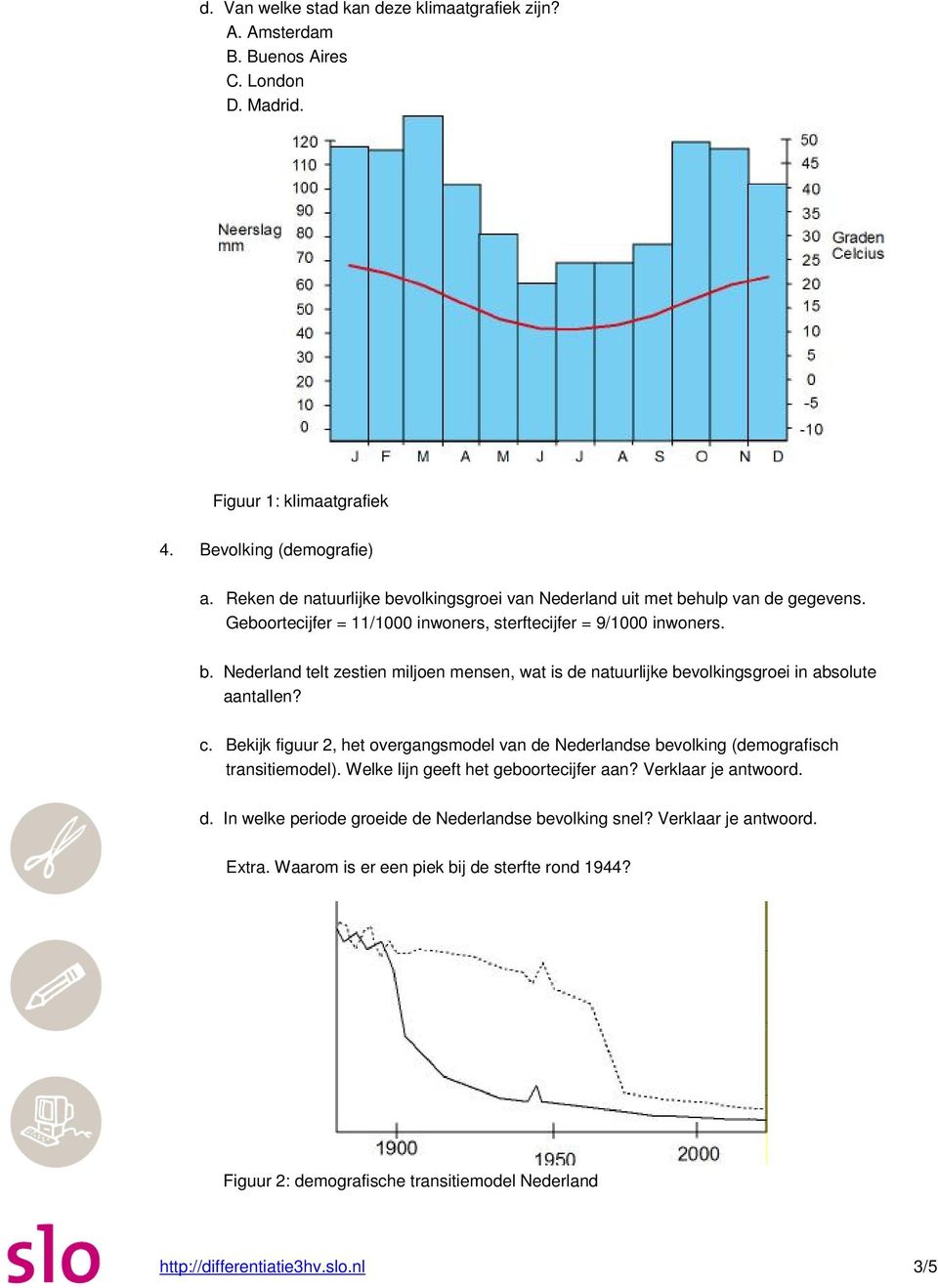 c. Bekijk figuur 2, het overgangsmodel van de Nederlandse bevolking (demografisch transitiemodel). Welke lijn geeft het geboortecijfer aan? Verklaar je antwoord. d. In welke periode groeide de Nederlandse bevolking snel?