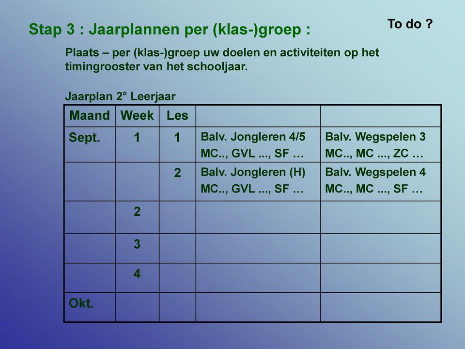 schooljaar. Jaarplan 2 Leerjaar Maand Week Les Sept. 1 1 Balv. Jongleren 4/5 MC.