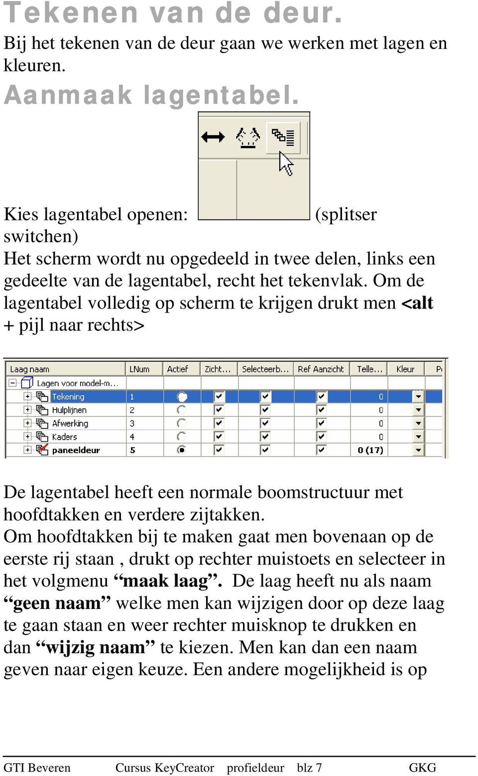 Om de lagentabel volledig op scherm te krijgen drukt men <alt + pijl naar rechts> De lagentabel heeft een normale boomstructuur met hoofdtakken en verdere zijtakken.