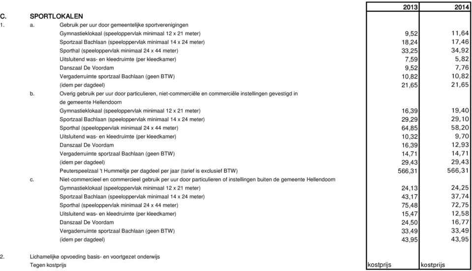 Sporthal (speeloppervlak minimaal 24 x 44 meter) 33,25 34,92 Uitsluitend was- en kleedruimte (per kleedkamer) 7,59 5,82 Danszaal De Voordam 9,52 7,76 Vergaderruimte sportzaal Bachlaan (geen BTW)