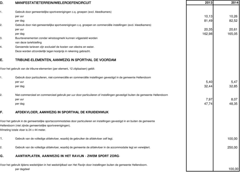 Buurtevenementen zonder winstoogmerk kunnen vrijgesteld worden van deze tariefstelling 4. Genoemde tarieven zijn exclusief de kosten van electra en water.