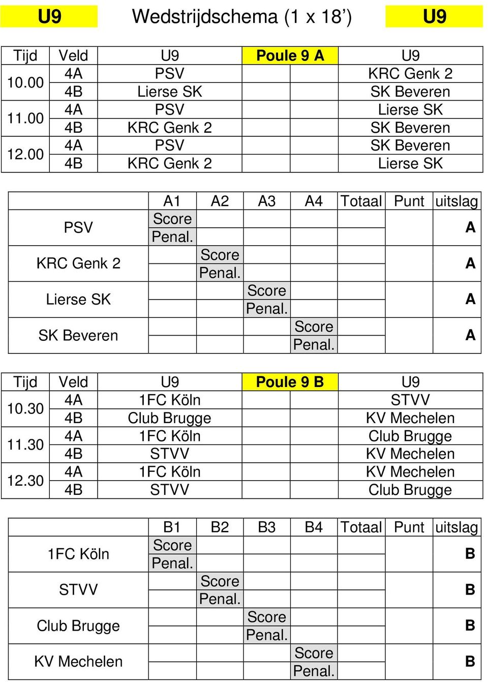 00 4 PSV SK everen 4 KRC Genk 2 Lierse SK PSV KRC Genk 2 Lierse SK SK everen 1 2 3 4 Totaal Punt uitslag Veld U9 Poule