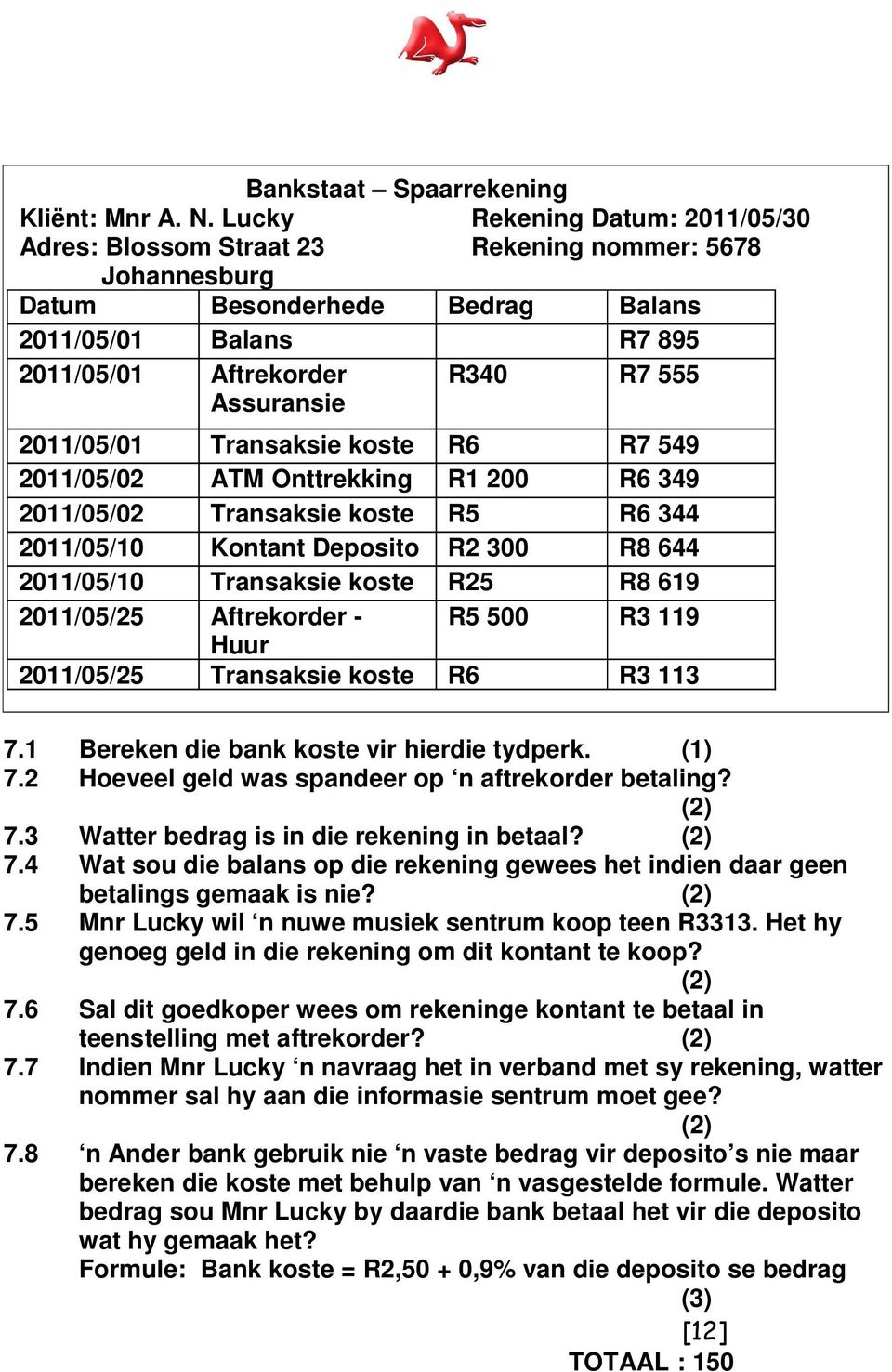 2011/05/01 Transaksie koste R6 R7 549 2011/05/02 ATM Onttrekking R1 200 R6 349 2011/05/02 Transaksie koste R5 R6 344 2011/05/10 Kontant Deposito R2 300 R8 644 2011/05/10 Transaksie koste R25 R8 619