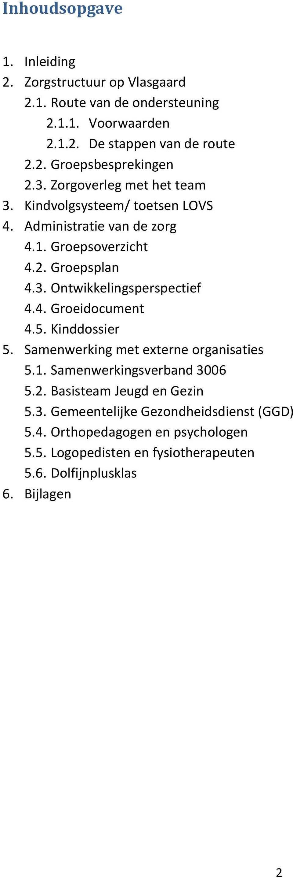 4. Groeidocument 4.5. Kinddossier 5. Samenwerking met externe organisaties 5.1. Samenwerkingsverband 3006 5.2. Basisteam Jeugd en Gezin 5.3. Gemeentelijke Gezondheidsdienst (GGD) 5.