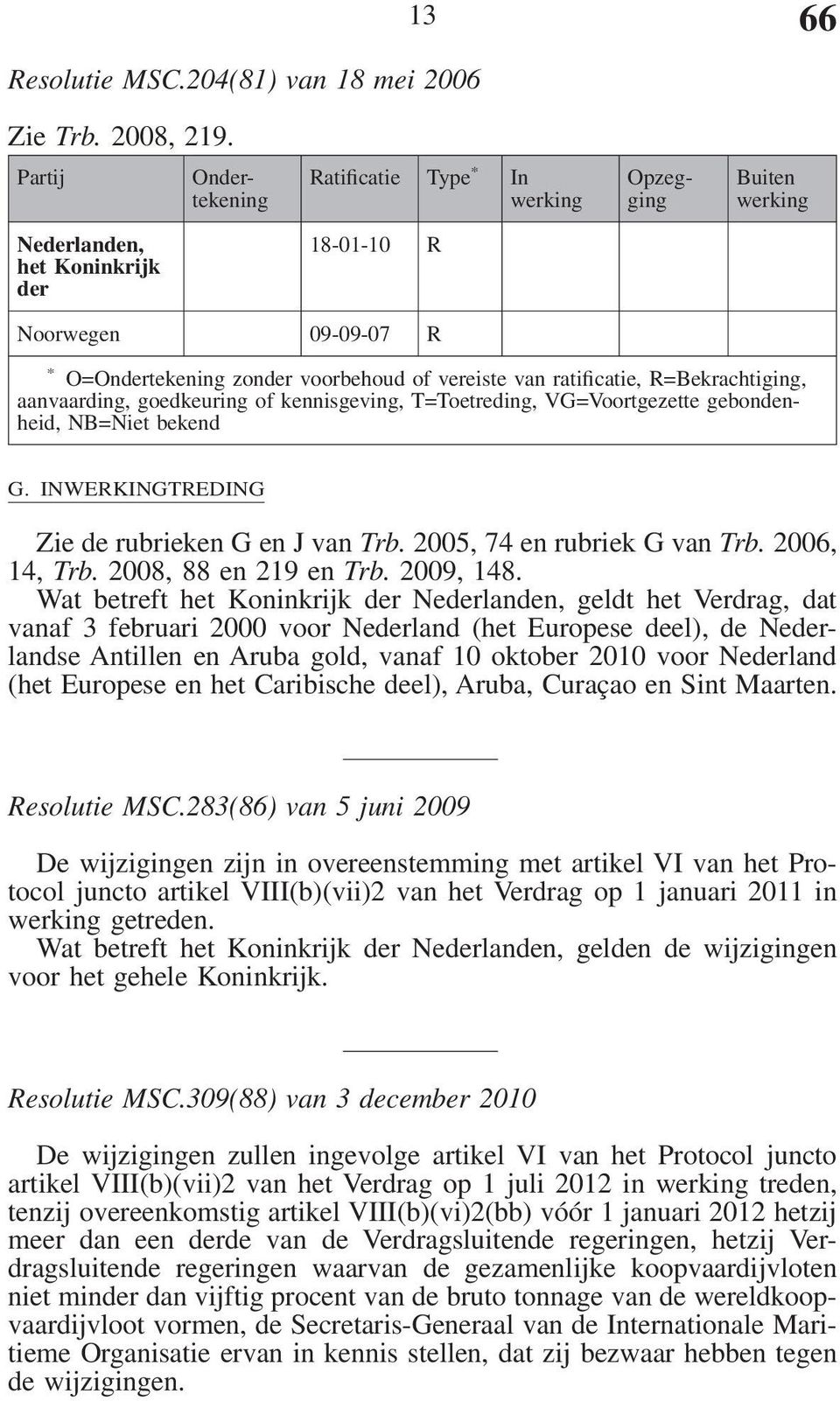 R=Bekrachtiging, aanvaarding, goedkeuring of kennisgeving, T=Toetreding, VG=Voortgezette gebondenheid, NB=Niet bekend G. INWERKINGTREDING Zie de rubrieken G en J van Trb.