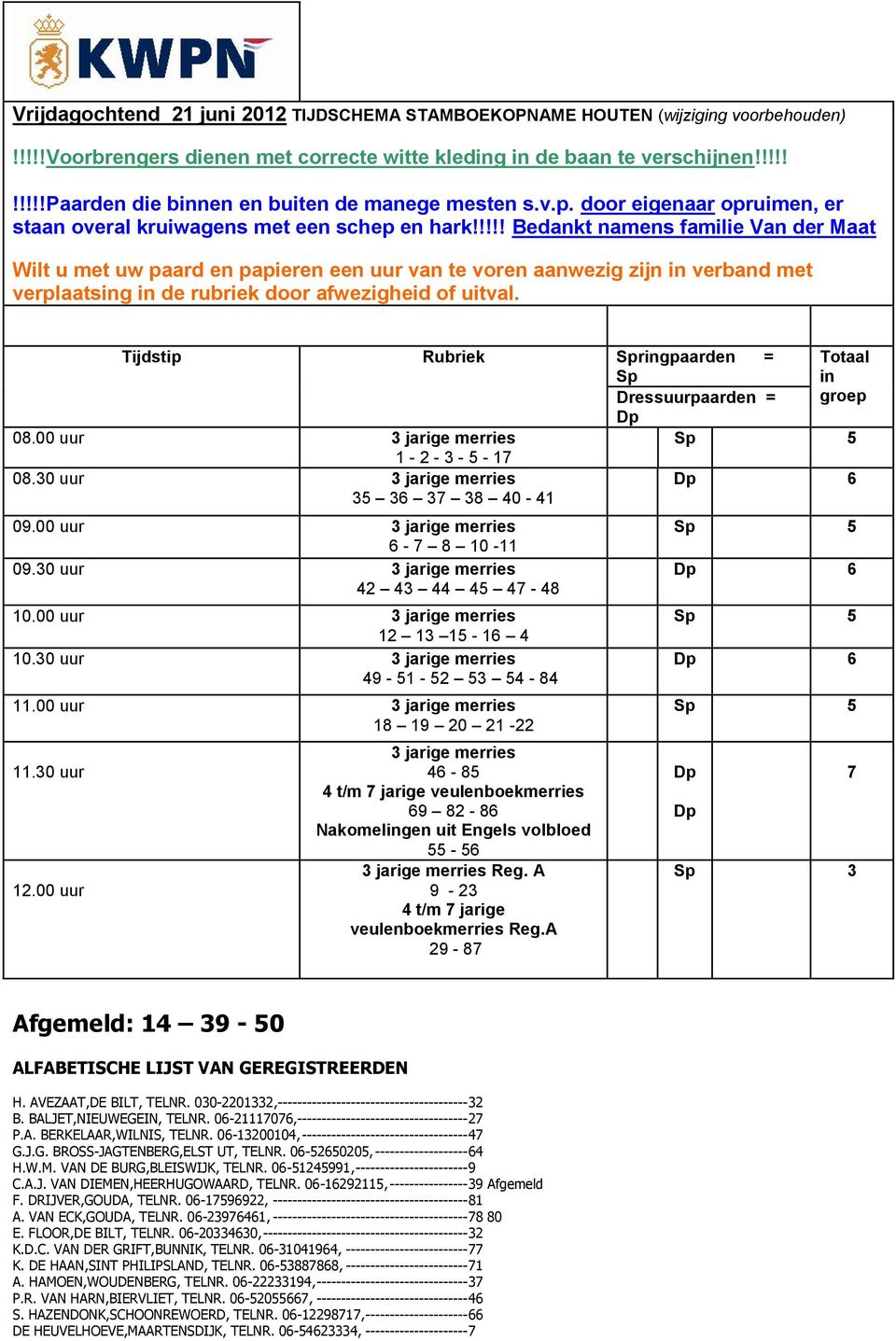 !!!! Bedankt namens familie Van der Maat Wilt u met uw paard en papieren een uur van te voren aanwezig zijn in verband met verplaatsing in de rubriek door afwezigheid of uitval. Tijdstip Rubriek 08.