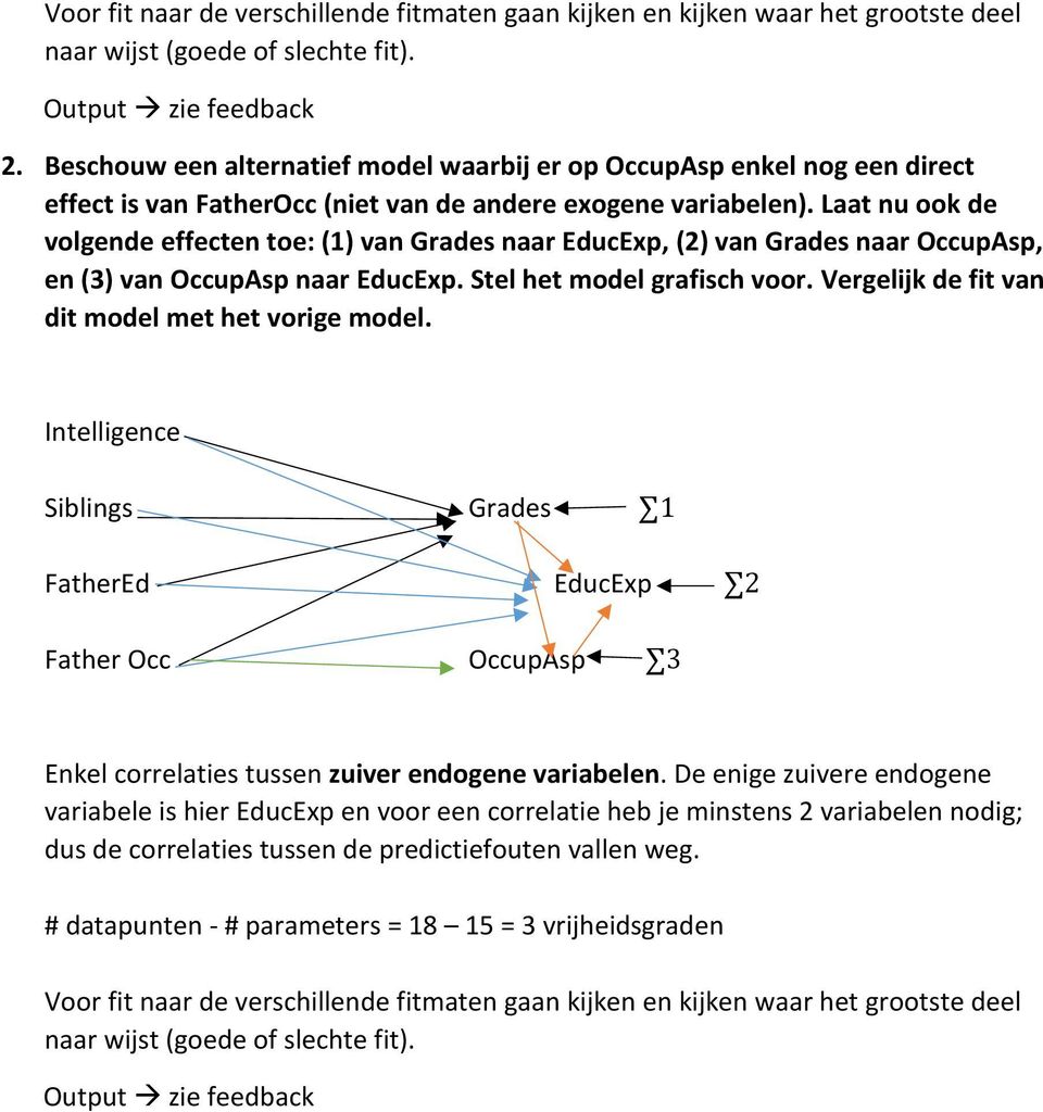 Laat nu ook de volgende effecten toe: (1) van Grades naar EducExp, (2) van Grades naar OccupAsp, en (3) van OccupAsp naar EducExp. Stel het model grafisch voor.