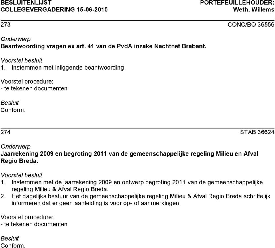 274 STAB 36624 Jaarrekening 2009 en begroting 2011 van de gemeenschappelijke regeling Milieu en Afval Regio Breda. 1.