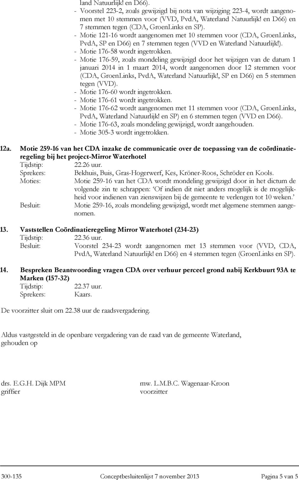 - Motie 176-59, zoals mondeling gewijzigd door het wijzigen van de datum 1 januari 2014 in 1 maart 2014, wordt aangenomen door 12 stemmen voor (CDA, GroenLinks, PvdA, Waterland Natuurlijk!