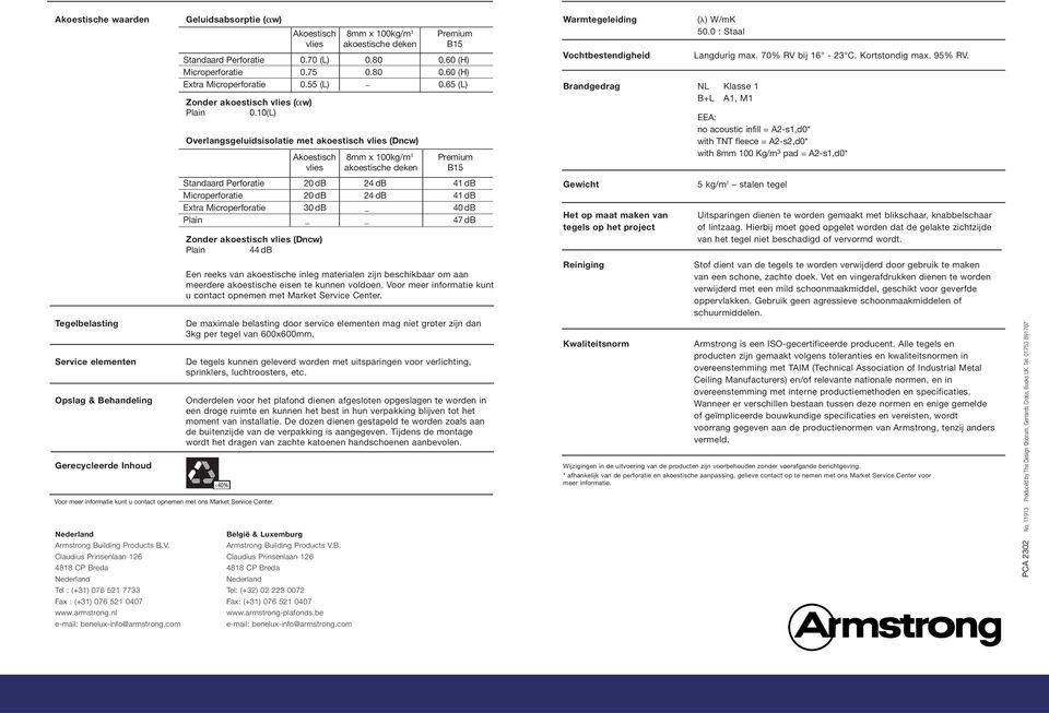 Nederland Armstrong Building Products B.V. Claudius Prinsenlaan 126 4818 CP Breda Nederland Tel : (+31) 076 521 7733 Fax : (+31) 076 521 0407 www.armstrong.nl e-mail: benelux-info@armstrong.