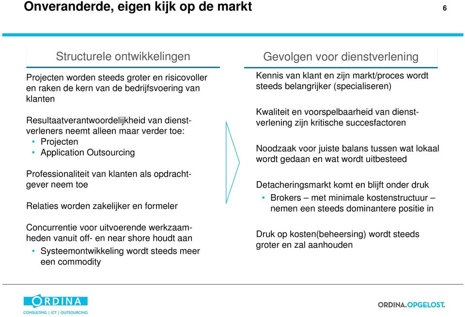 uitvoerende werkzaamheden vanuit off- en near shore houdt aan Systeemontwikkeling wordt steeds meer een commodity Gevolgen voor dienstverlening Kennis van klant en zijn markt/proces wordt steeds