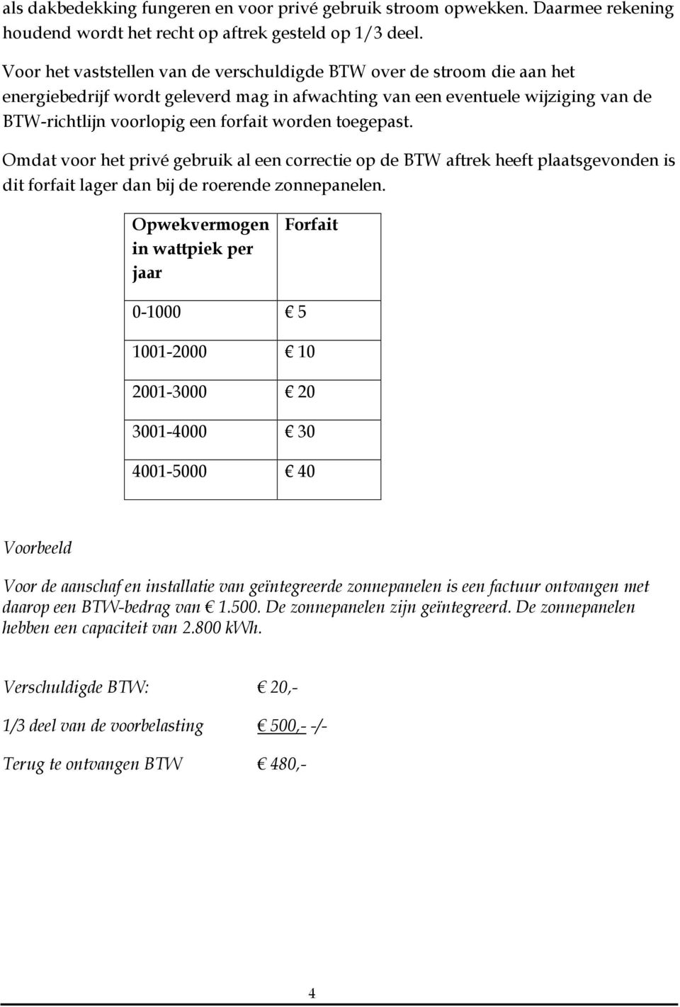 toegepast. Omdat voor het privé gebruik al een correctie op de BTW aftrek heeft plaatsgevonden is dit forfait lager dan bij de roerende zonnepanelen.