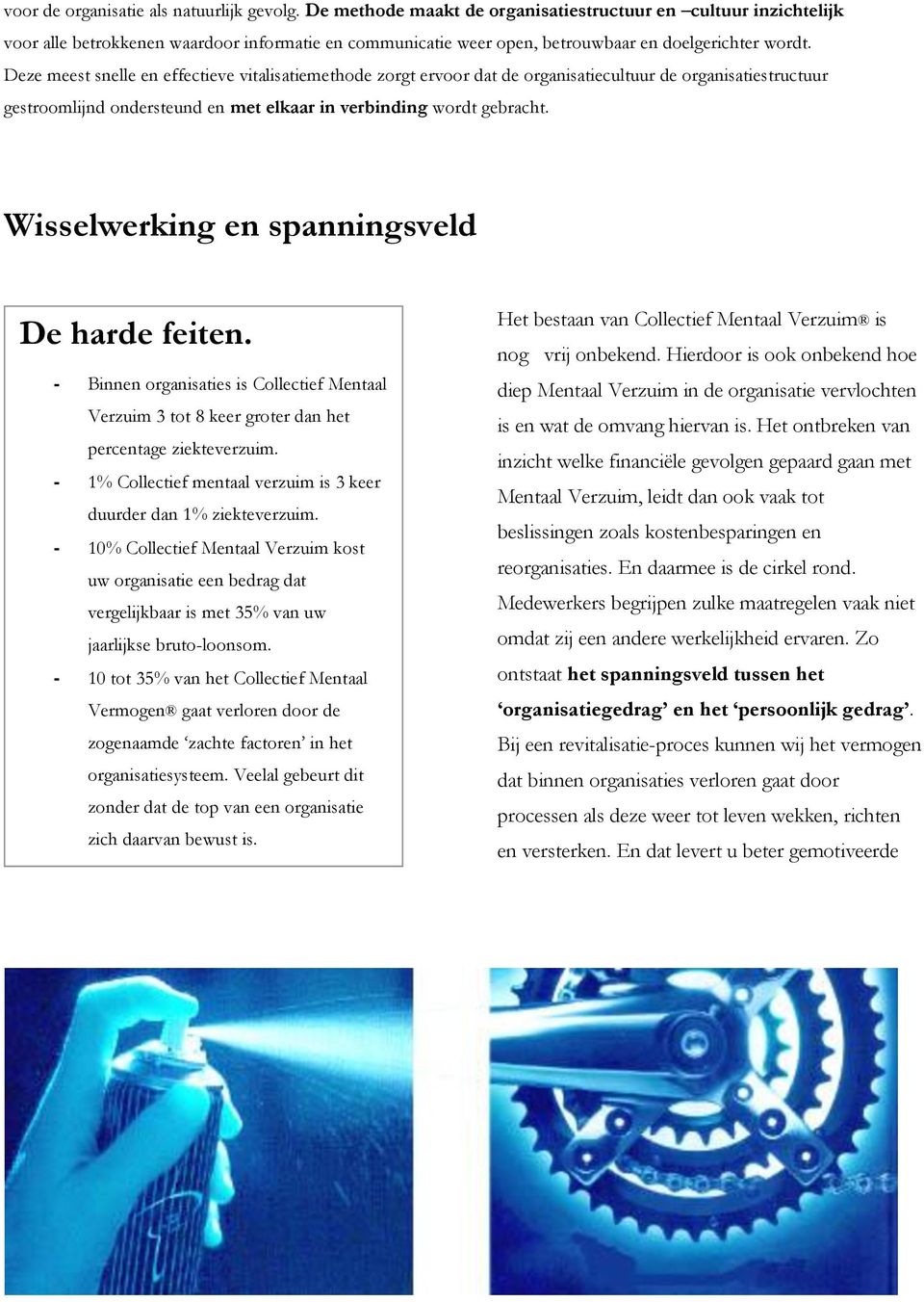 Deze meest snelle en effectieve vitalisatiemethode zorgt ervoor dat de organisatiecultuur de organisatiestructuur gestroomlijnd ondersteund en met elkaar in verbinding wordt gebracht.